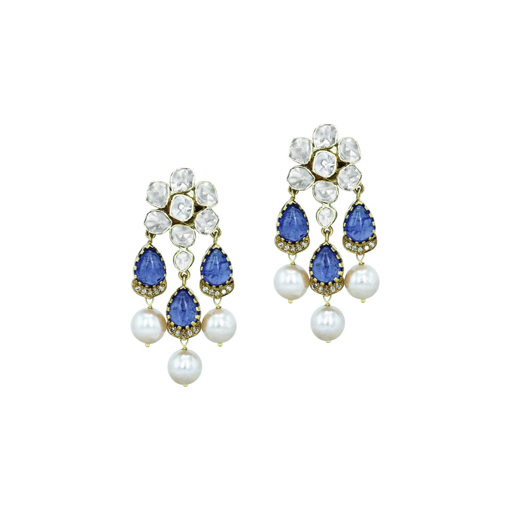 Tanzanite Necklace Set with Polki Diamonds and Pearl Drops